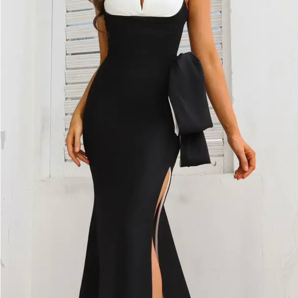 Terani Couture Black and White Maxi Dress with Side Bow